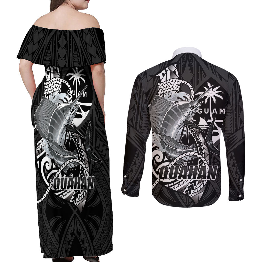 Guam Blue Marlin Fishing Couples Matching Off Shoulder Maxi Dress and Long Sleeve Button Shirt Guahan Fish Hook Tattoo Black Version