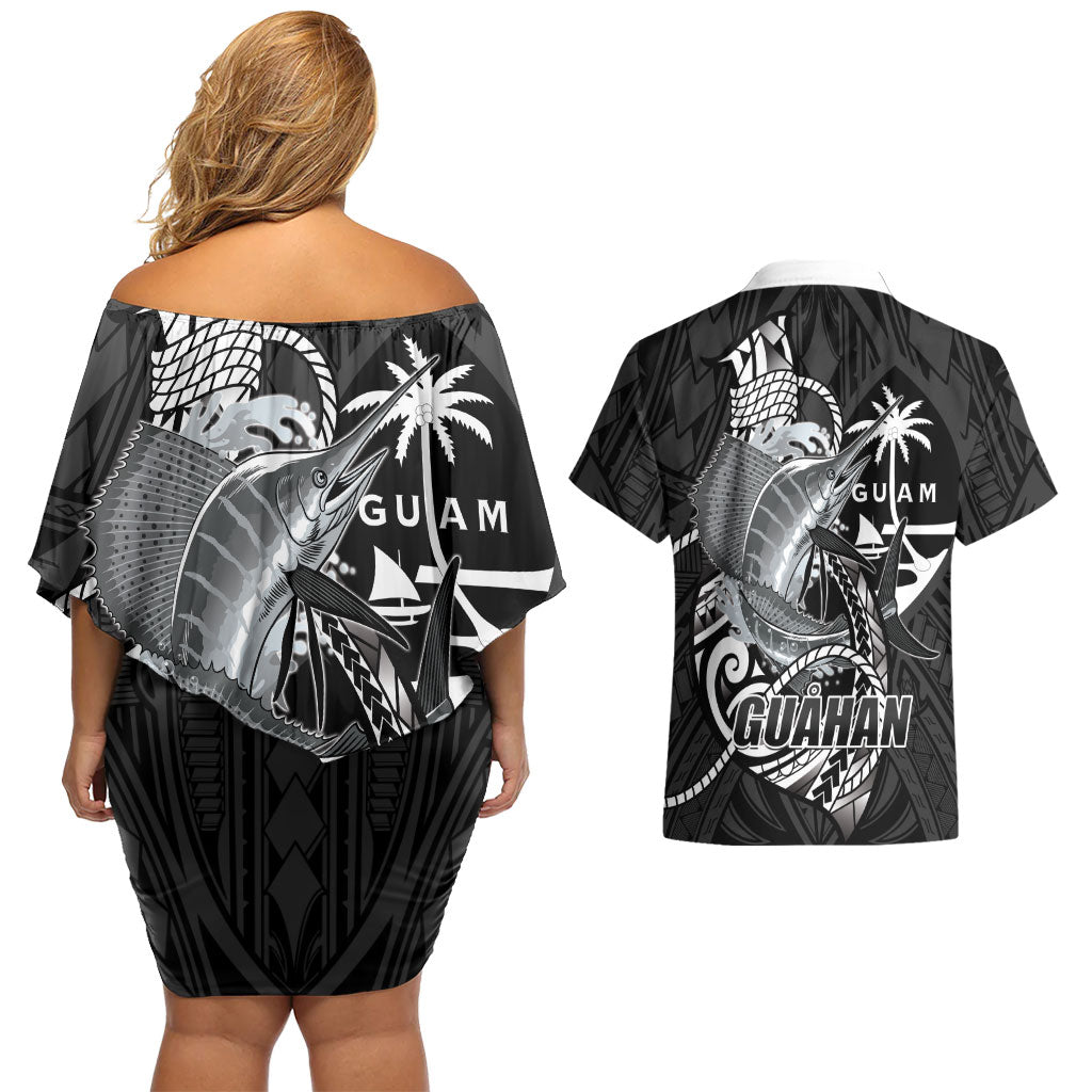 Guam Blue Marlin Fishing Couples Matching Off Shoulder Short Dress and Hawaiian Shirt Guahan Fish Hook Tattoo Black Version