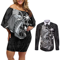 Guam Blue Marlin Fishing Couples Matching Off Shoulder Short Dress and Long Sleeve Button Shirt Guahan Fish Hook Tattoo Black Version