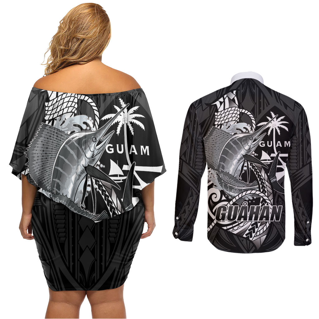 Guam Blue Marlin Fishing Couples Matching Off Shoulder Short Dress and Long Sleeve Button Shirt Guahan Fish Hook Tattoo Black Version