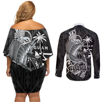 Guam Blue Marlin Fishing Couples Matching Off Shoulder Short Dress and Long Sleeve Button Shirt Guahan Fish Hook Tattoo Black Version