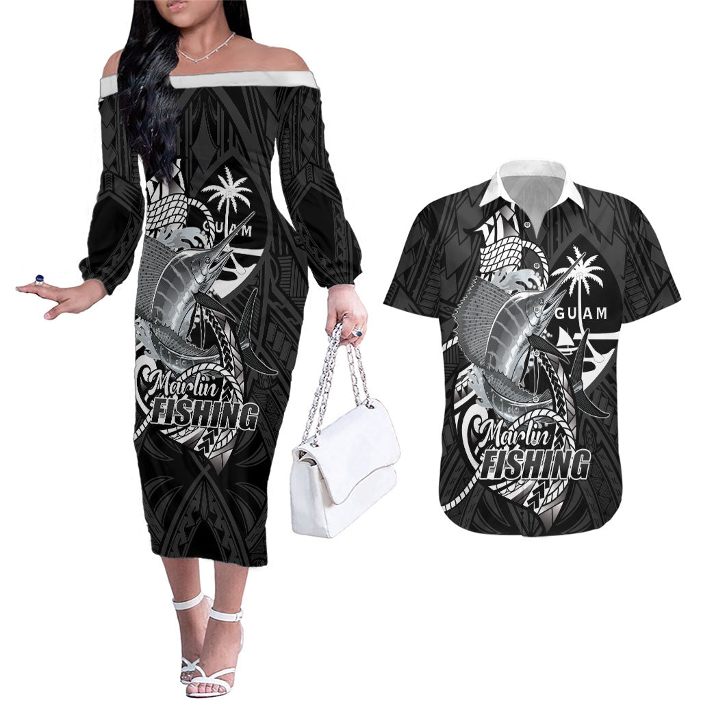 Guam Blue Marlin Fishing Couples Matching Off The Shoulder Long Sleeve Dress and Hawaiian Shirt Guahan Fish Hook Tattoo Black Version LT14 Black - Polynesian Pride