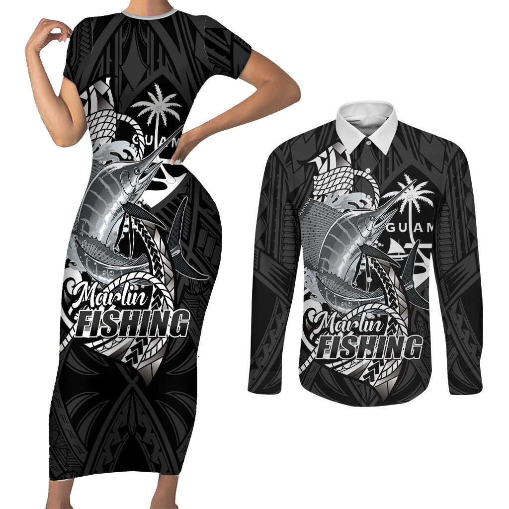 Guam Blue Marlin Fishing Couples Matching Short Sleeve Bodycon Dress and Long Sleeve Button Shirt Guahan Fish Hook Tattoo Black Version