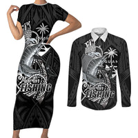 Guam Blue Marlin Fishing Couples Matching Short Sleeve Bodycon Dress and Long Sleeve Button Shirt Guahan Fish Hook Tattoo Black Version