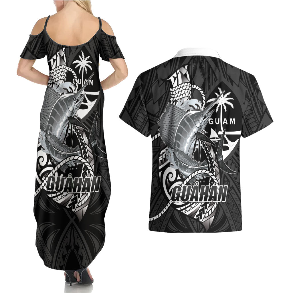 Guam Blue Marlin Fishing Couples Matching Summer Maxi Dress and Hawaiian Shirt Guahan Fish Hook Tattoo Black Version