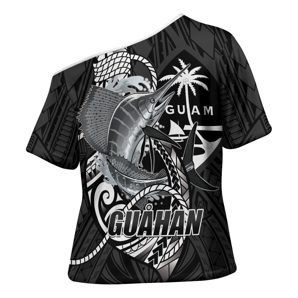 Guam Blue Marlin Fishing Cross Shoulder Shirt Guahan Fish Hook Tattoo Black Version