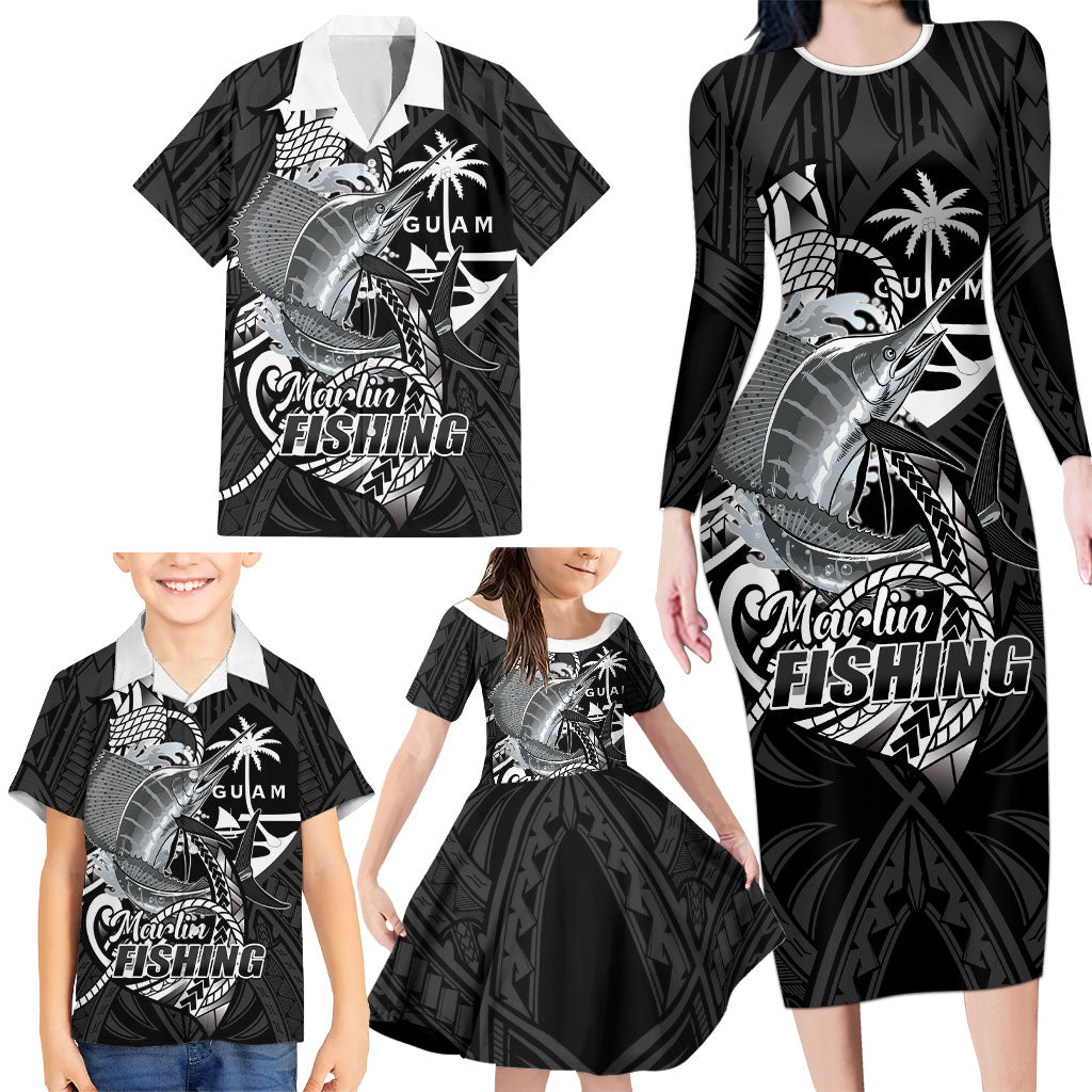 Guam Blue Marlin Fishing Family Matching Long Sleeve Bodycon Dress and Hawaiian Shirt Guahan Fish Hook Tattoo Black Version LT14 - Polynesian Pride