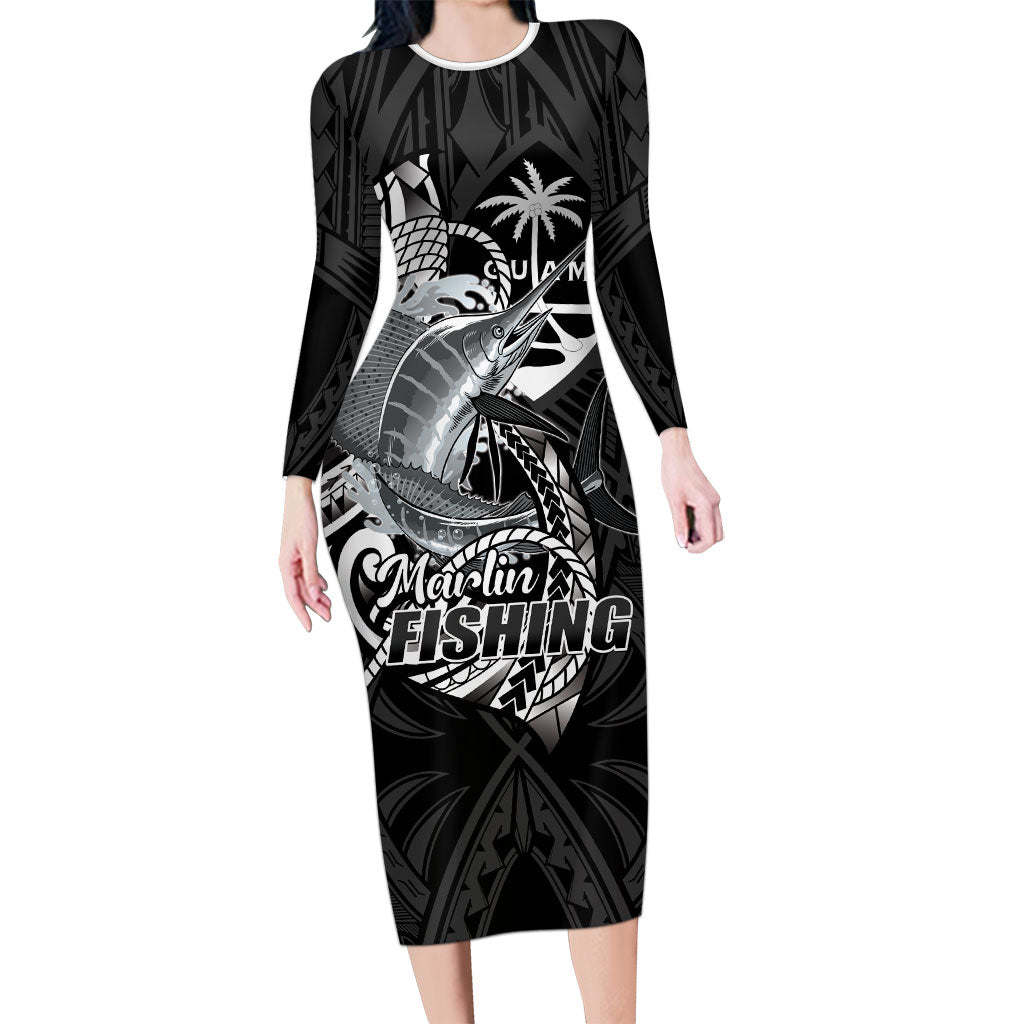 Guam Blue Marlin Fishing Family Matching Long Sleeve Bodycon Dress and Hawaiian Shirt Guahan Fish Hook Tattoo Black Version LT14 Mom's Dress Black - Polynesian Pride