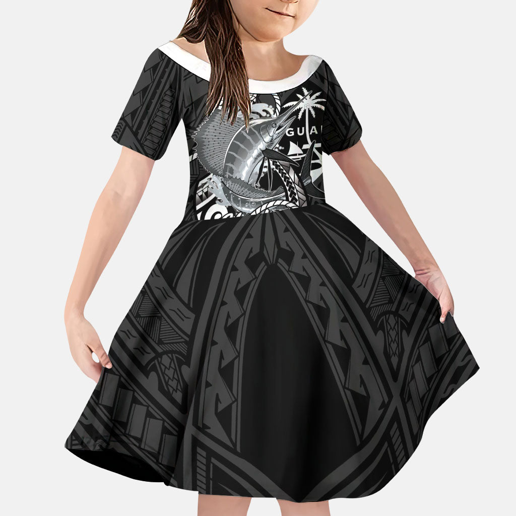 Guam Blue Marlin Fishing Family Matching Off Shoulder Maxi Dress and Hawaiian Shirt Guahan Fish Hook Tattoo Black Version LT14 Daughter's Dress Black - Polynesian Pride