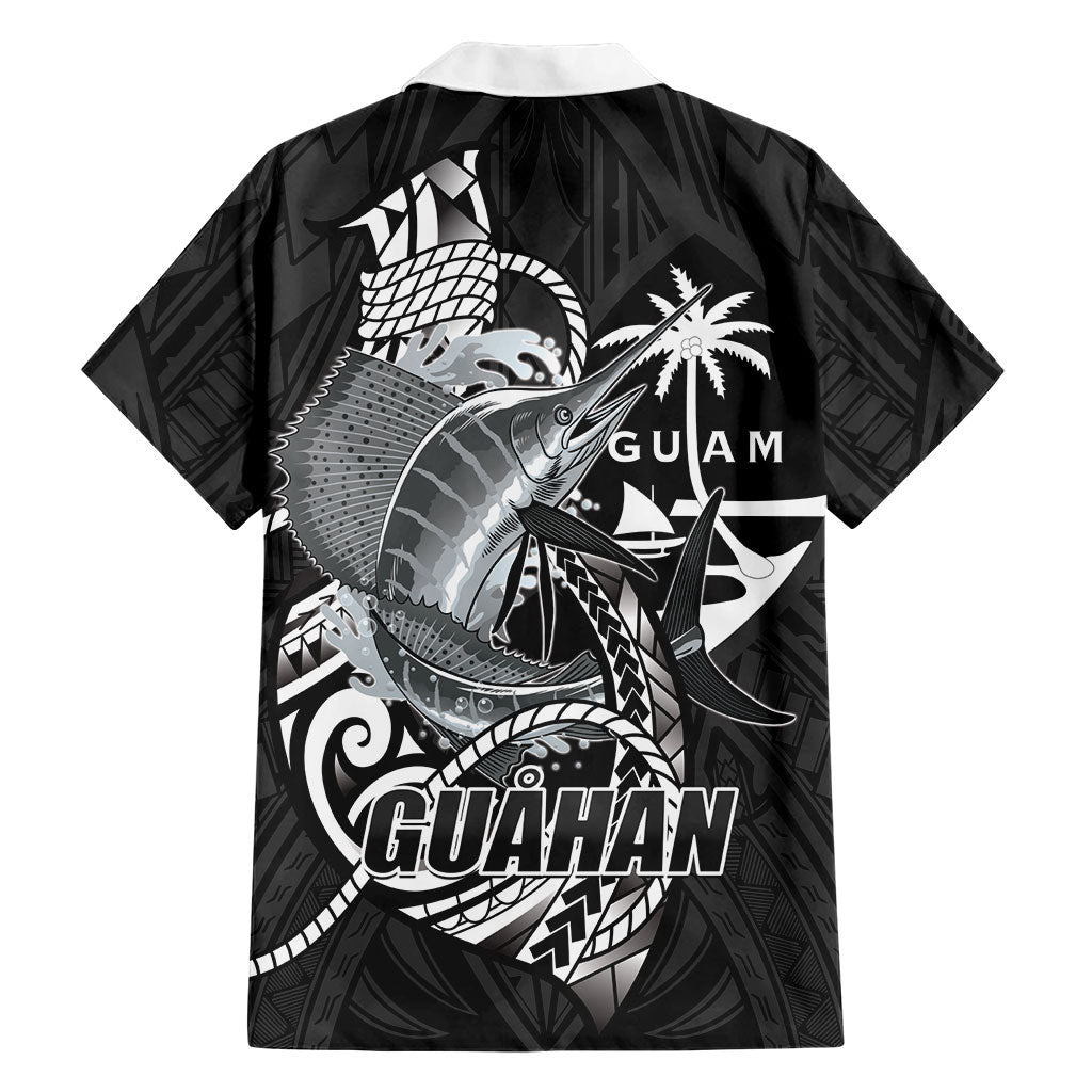 Guam Blue Marlin Fishing Family Matching Off Shoulder Maxi Dress and Hawaiian Shirt Guahan Fish Hook Tattoo Black Version LT14 - Polynesian Pride