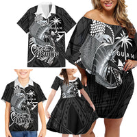 Guam Blue Marlin Fishing Family Matching Off Shoulder Short Dress and Hawaiian Shirt Guahan Fish Hook Tattoo Black Version LT14 - Polynesian Pride
