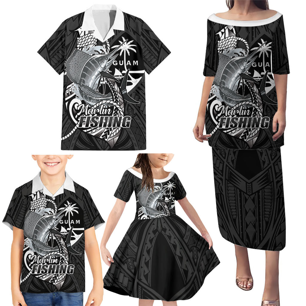Guam Blue Marlin Fishing Family Matching Puletasi and Hawaiian Shirt Guahan Fish Hook Tattoo Black Version LT14 - Polynesian Pride