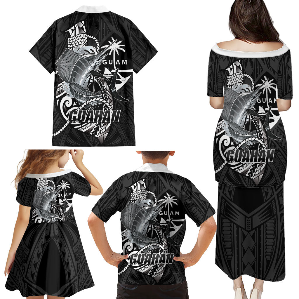 Guam Blue Marlin Fishing Family Matching Puletasi and Hawaiian Shirt Guahan Fish Hook Tattoo Black Version LT14 - Polynesian Pride