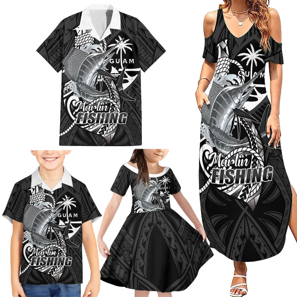 Guam Blue Marlin Fishing Family Matching Summer Maxi Dress and Hawaiian Shirt Guahan Fish Hook Tattoo Black Version LT14 - Polynesian Pride