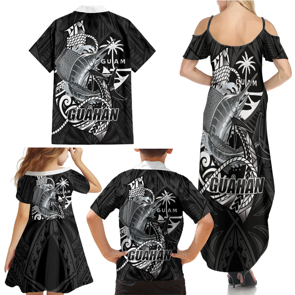 Guam Blue Marlin Fishing Family Matching Summer Maxi Dress and Hawaiian Shirt Guahan Fish Hook Tattoo Black Version LT14 - Polynesian Pride