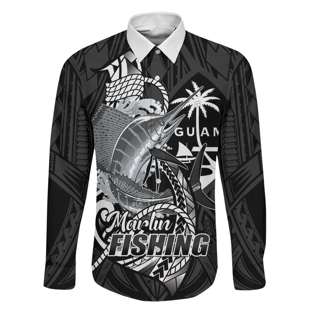 Guam Blue Marlin Fishing Family Matching Summer Maxi Dress and Hawaiian Shirt Guahan Fish Hook Tattoo Black Version LT14 Dad's Shirt - Long Sleeve Black - Polynesian Pride