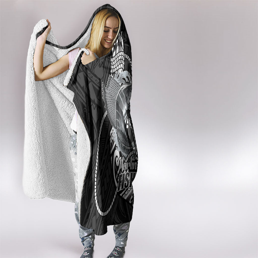 Guam Blue Marlin Fishing Hooded Blanket Guahan Fish Hook Tattoo Black Version