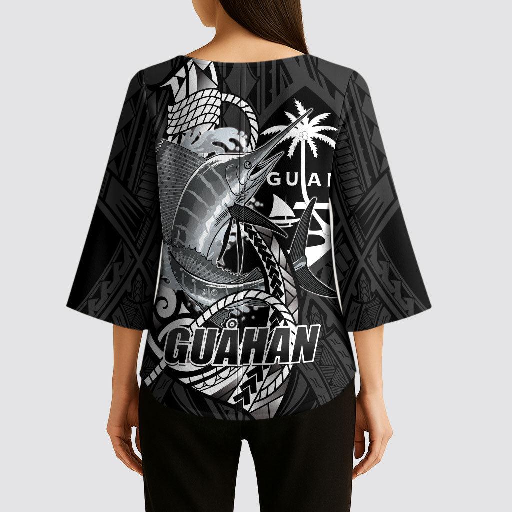 Guam Blue Marlin Fishing Kimono Sleeve Blouse Guahan Fish Hook Tattoo Black Version
