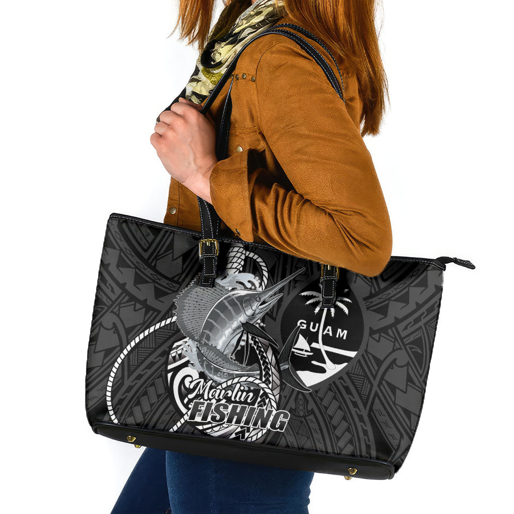 Guam Blue Marlin Fishing Leather Tote Bag Guahan Fish Hook Tattoo Black Version