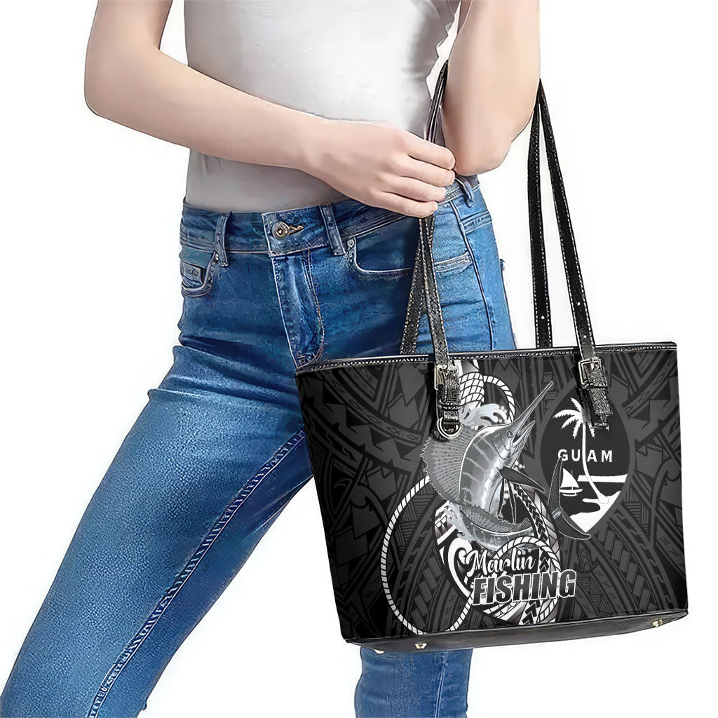 Guam Blue Marlin Fishing Leather Tote Bag Guahan Fish Hook Tattoo Black Version
