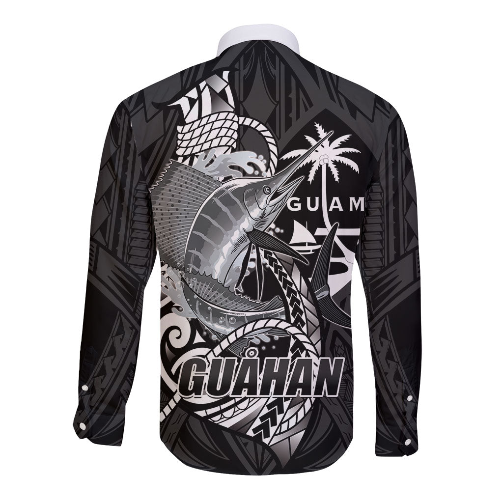 Guam Blue Marlin Fishing Long Sleeve Button Shirt Guahan Fish Hook Tattoo Black Version