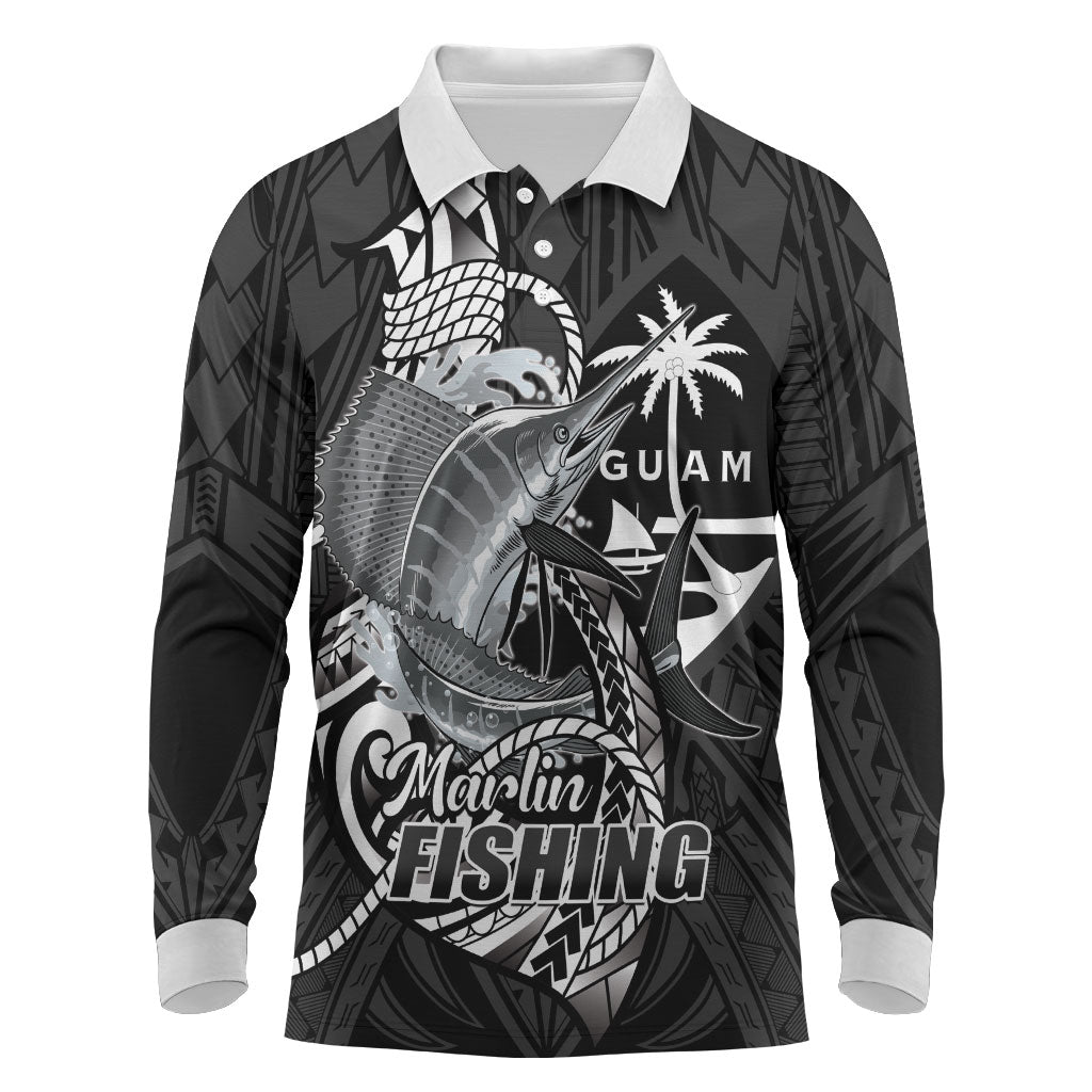 Guam Blue Marlin Fishing Long Sleeve Polo Shirt Guahan Fish Hook Tattoo Black Version