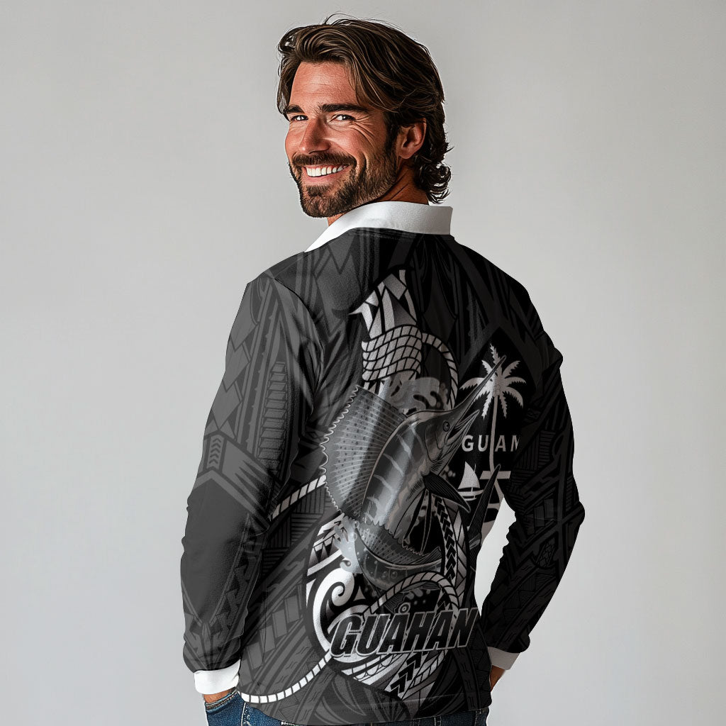Guam Blue Marlin Fishing Long Sleeve Polo Shirt Guahan Fish Hook Tattoo Black Version