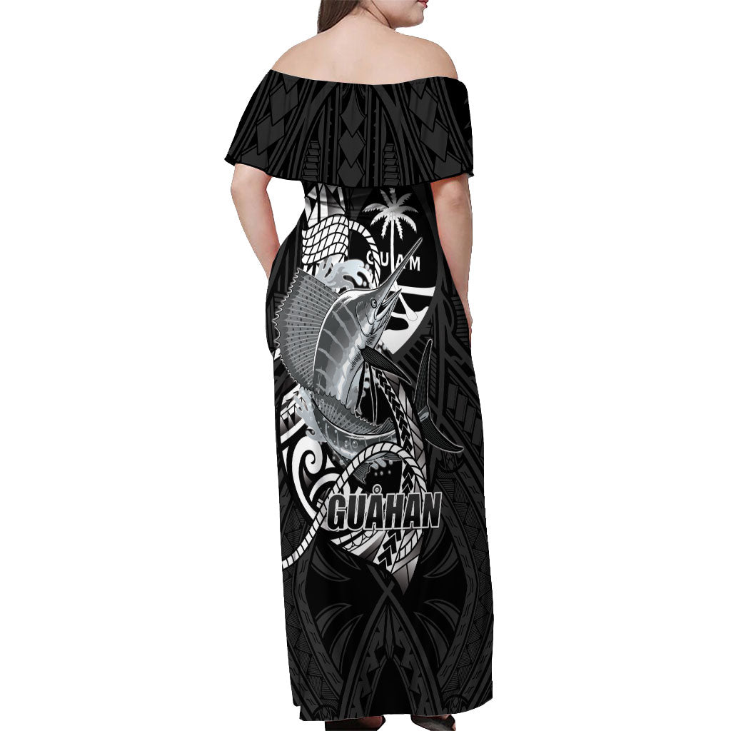 Guam Blue Marlin Fishing Off Shoulder Maxi Dress Guahan Fish Hook Tattoo Black Version