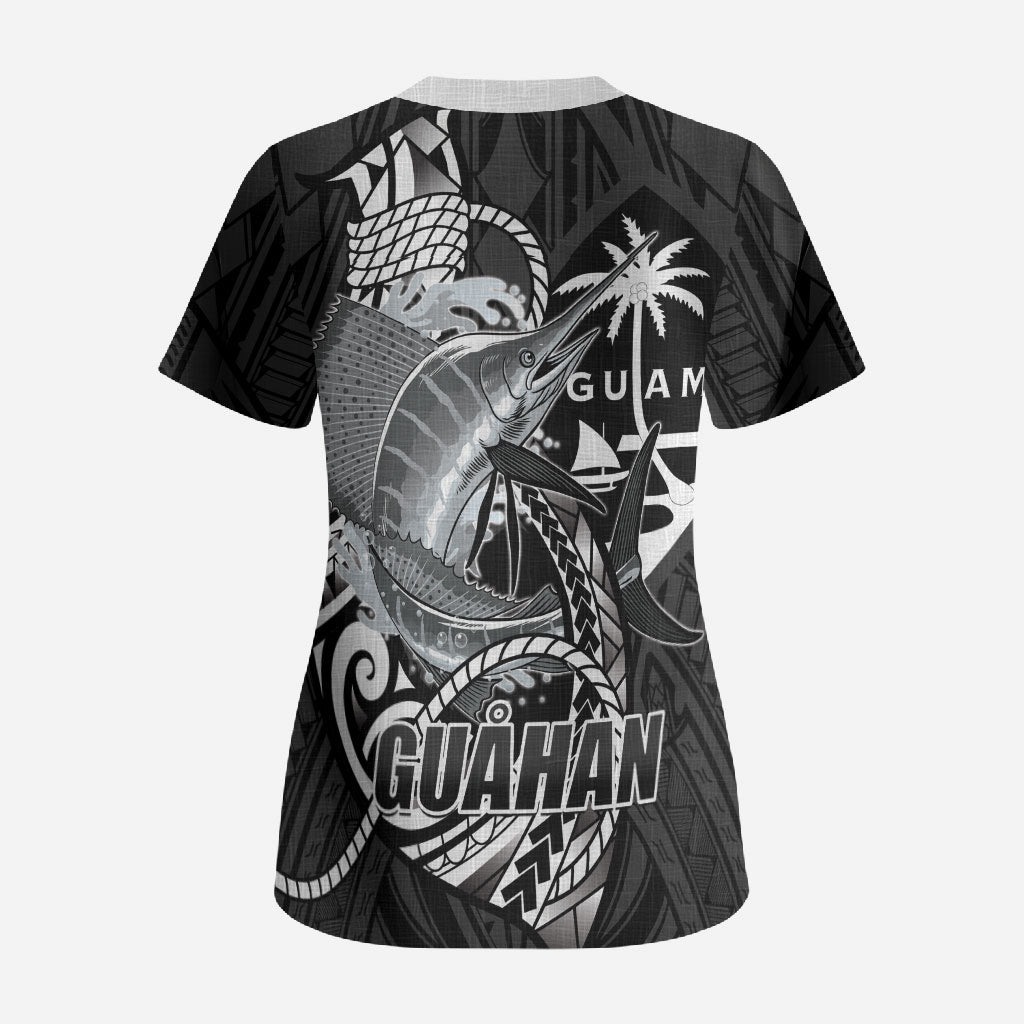 Guam Blue Marlin Fishing Scrub Top Guahan Fish Hook Tattoo Black Version