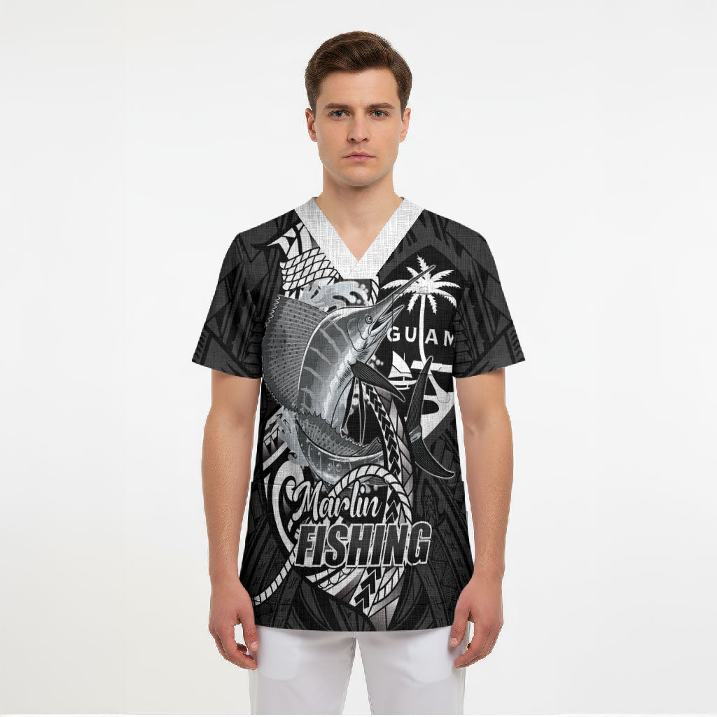 Guam Blue Marlin Fishing Scrub Top Guahan Fish Hook Tattoo Black Version