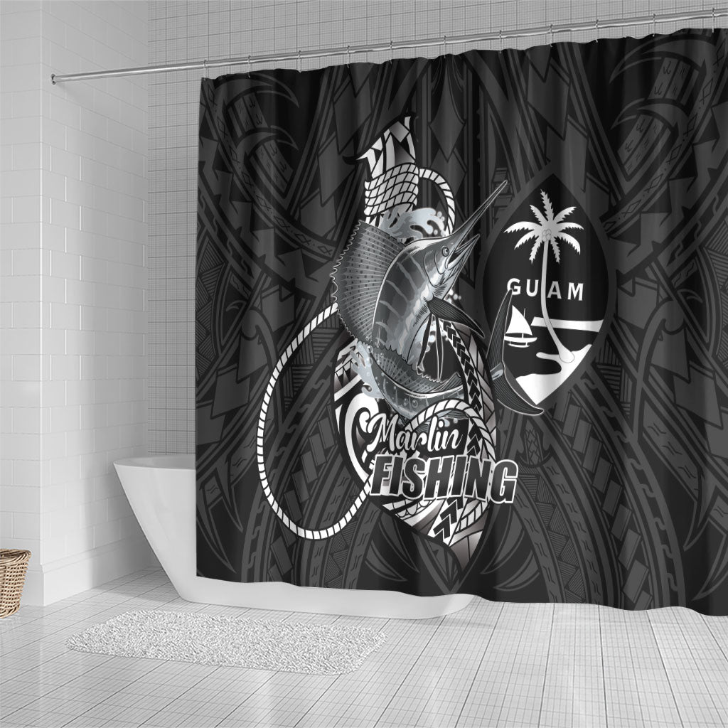 Guam Blue Marlin Fishing Shower Curtain Guahan Fish Hook Tattoo Black Version