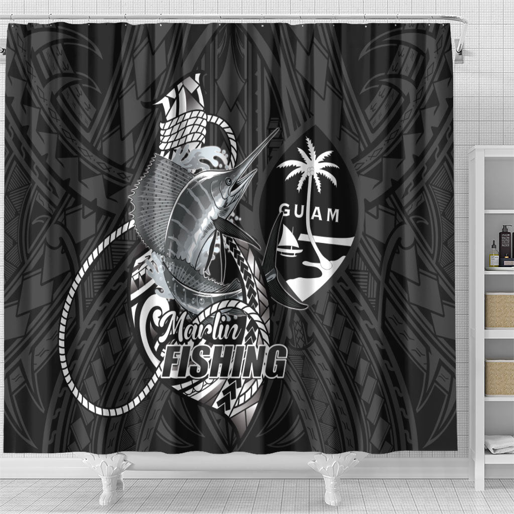 Guam Blue Marlin Fishing Shower Curtain Guahan Fish Hook Tattoo Black Version