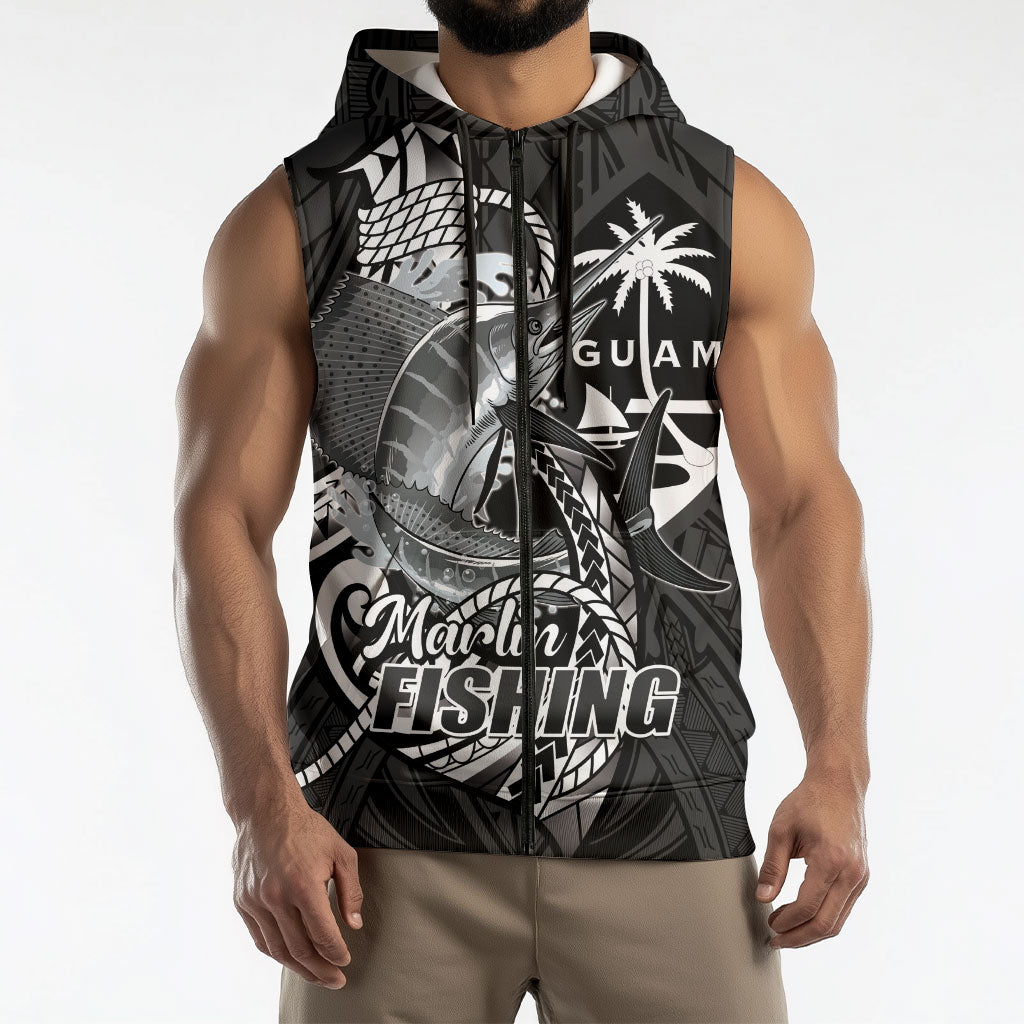 Guam Blue Marlin Fishing Sleeveless Zip Hoodie Guahan Fish Hook Tattoo Black Version