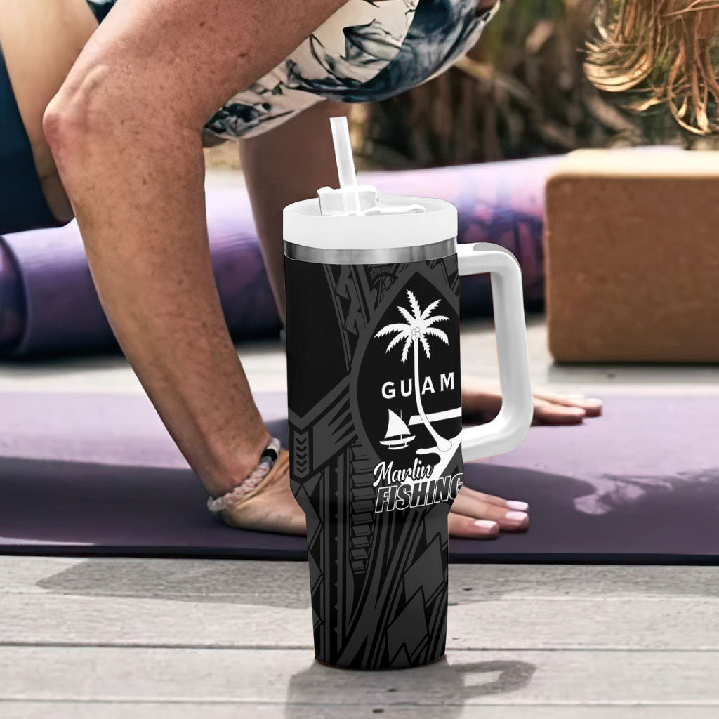 Guam Blue Marlin Fishing Tumbler With Handle Guahan Fish Hook Tattoo Black Version