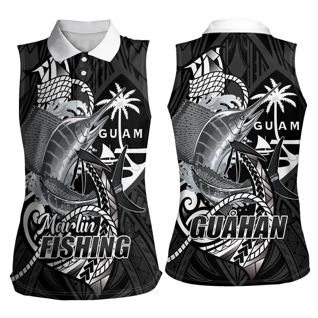 Guam Blue Marlin Fishing Women Sleeveless Polo Shirt Guahan Fish Hook Tattoo Black Version