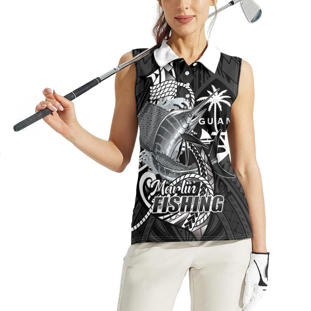 Guam Blue Marlin Fishing Women Sleeveless Polo Shirt Guahan Fish Hook Tattoo Black Version