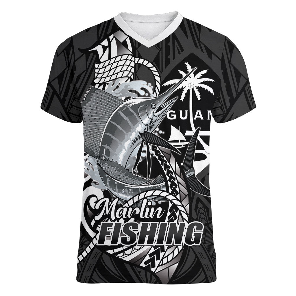 Guam Blue Marlin Fishing Women V-Neck T-Shirt Guahan Fish Hook Tattoo Black Version