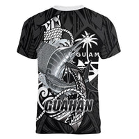 Guam Blue Marlin Fishing Women V-Neck T-Shirt Guahan Fish Hook Tattoo Black Version