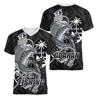 Guam Blue Marlin Fishing Women V-Neck T-Shirt Guahan Fish Hook Tattoo Black Version