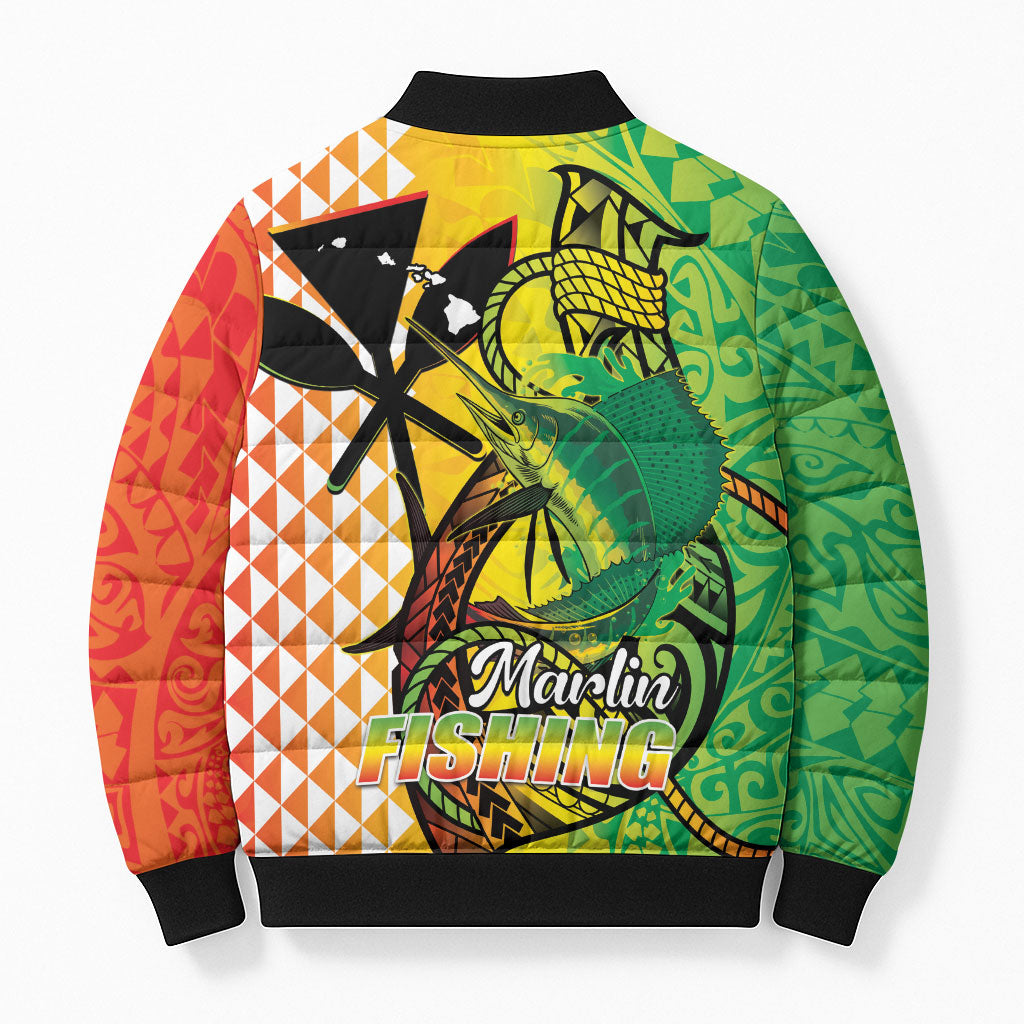 Hawaii Blue Marlin Fishing Bomber Puffer Jacket Hawaiian Kanaka Kakau Reggae
