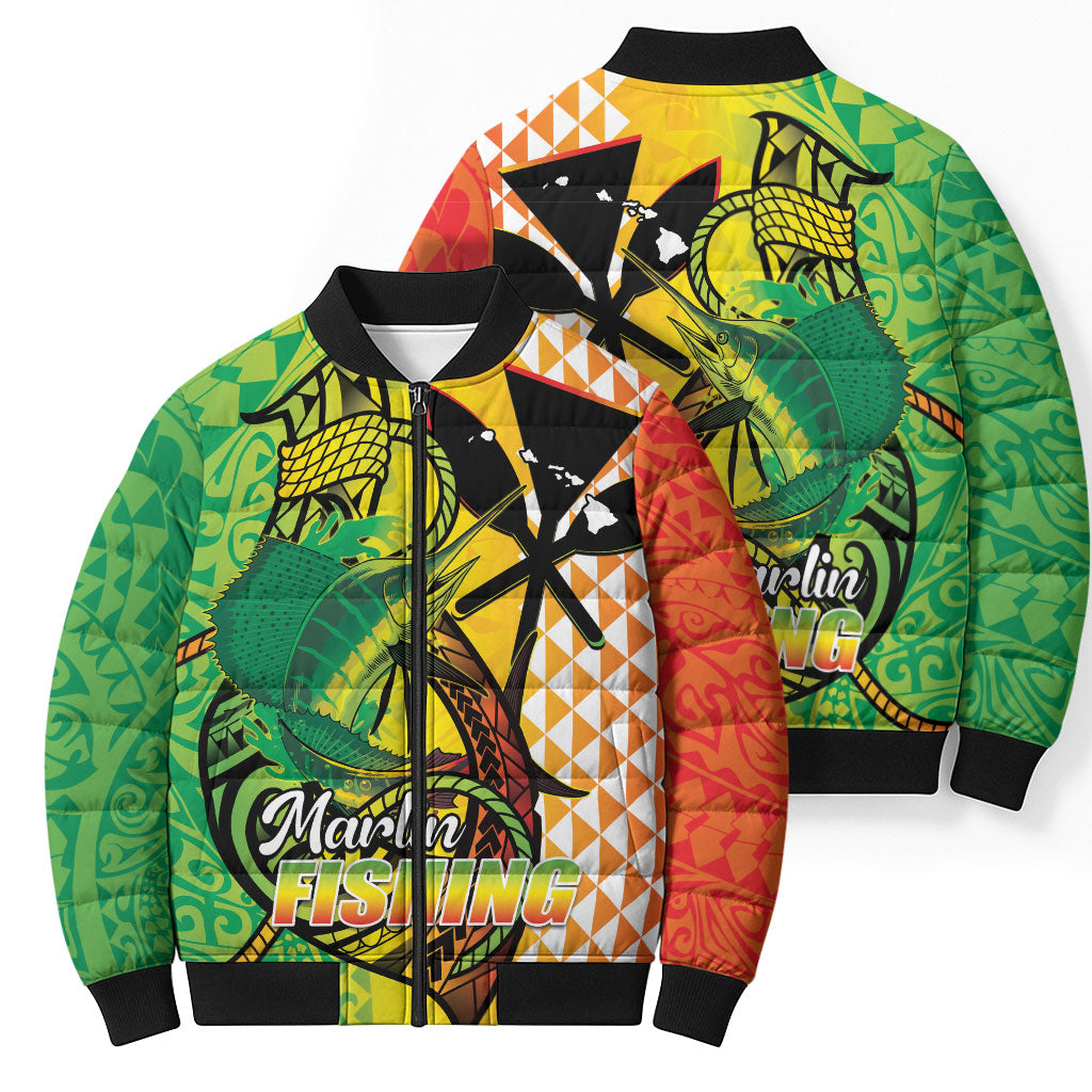 Hawaii Blue Marlin Fishing Bomber Puffer Jacket Hawaiian Kanaka Kakau Reggae