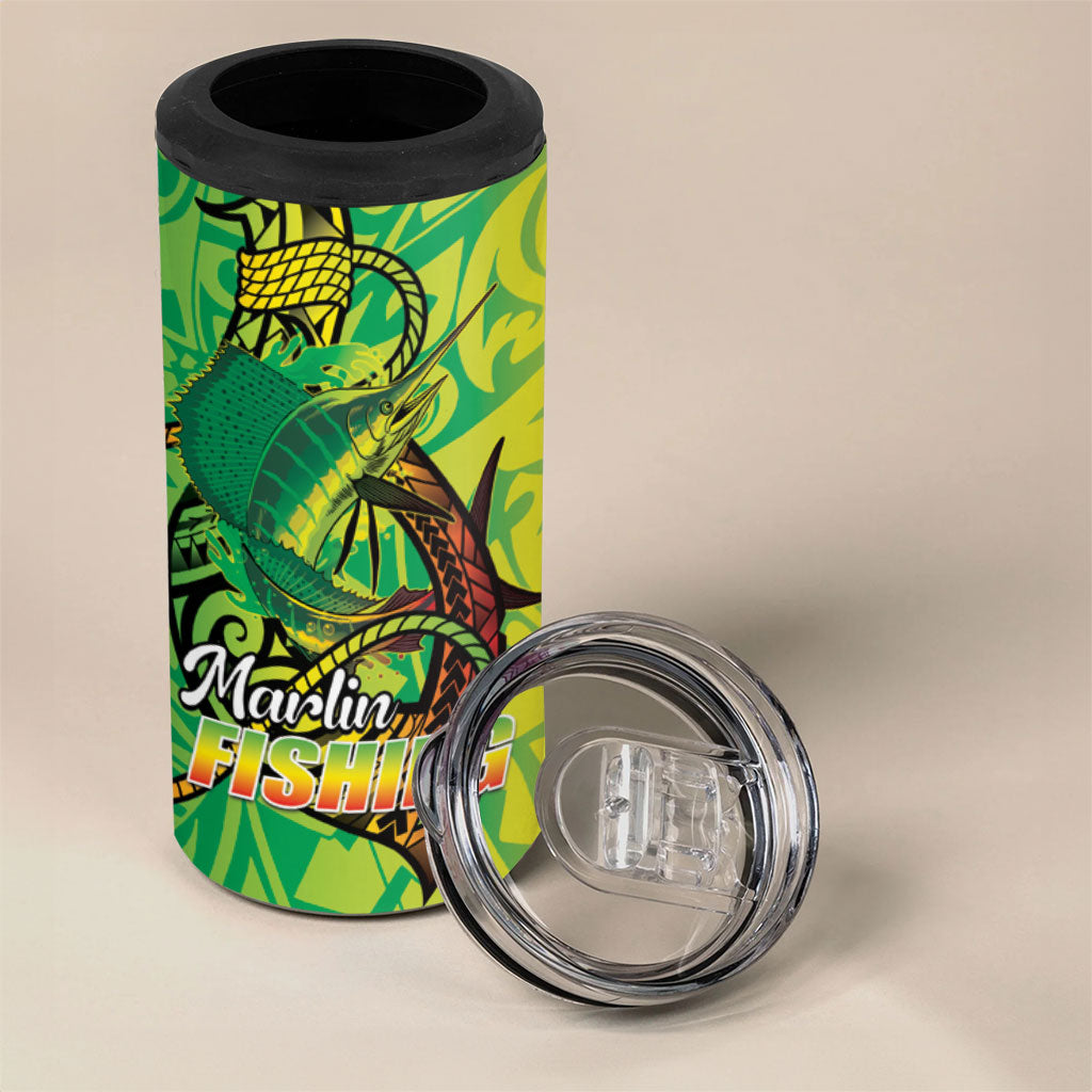 Hawaii Blue Marlin Fishing 4 in 1 Can Cooler Tumbler Hawaiian Kanaka Kakau Reggae