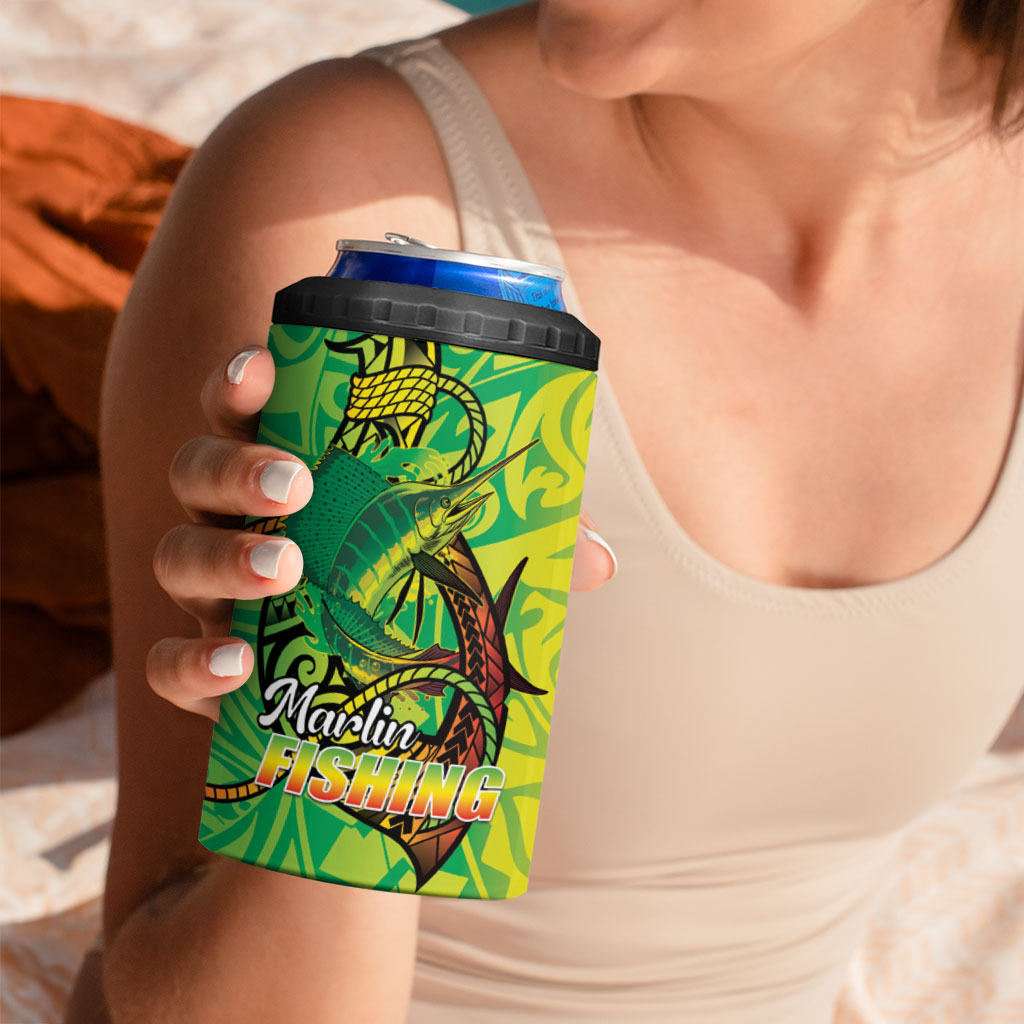 Hawaii Blue Marlin Fishing 4 in 1 Can Cooler Tumbler Hawaiian Kanaka Kakau Reggae