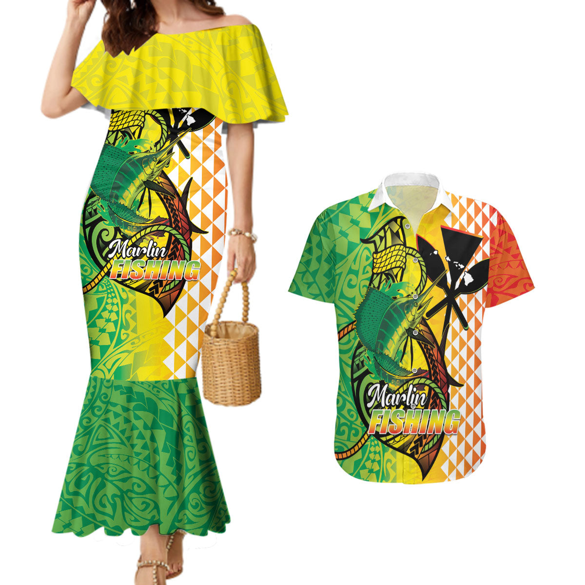 Hawaii Blue Marlin Fishing Couples Matching Mermaid Dress and Hawaiian Shirt Hawaiian Kanaka Kakau Reggae LT14 Reggae - Polynesian Pride