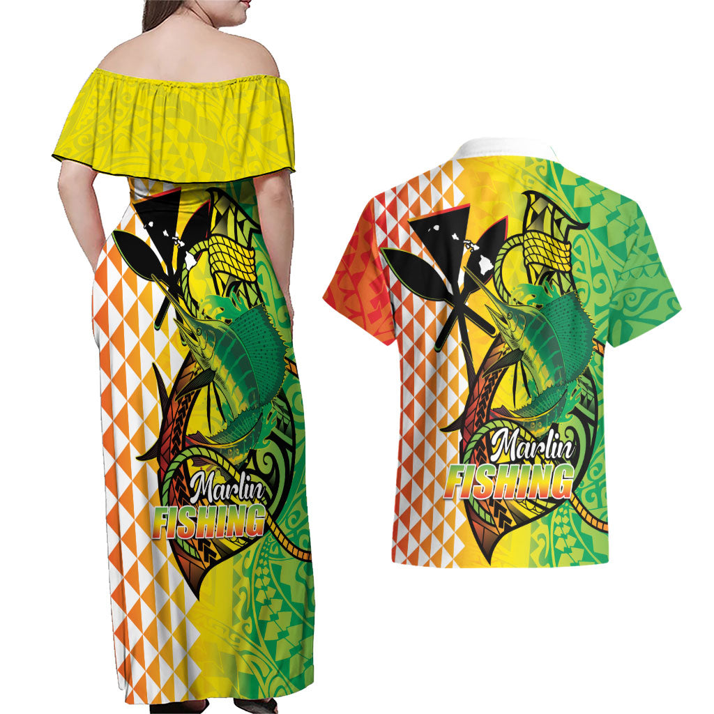 Hawaii Blue Marlin Fishing Couples Matching Off Shoulder Maxi Dress and Hawaiian Shirt Hawaiian Kanaka Kakau Reggae LT14 - Polynesian Pride