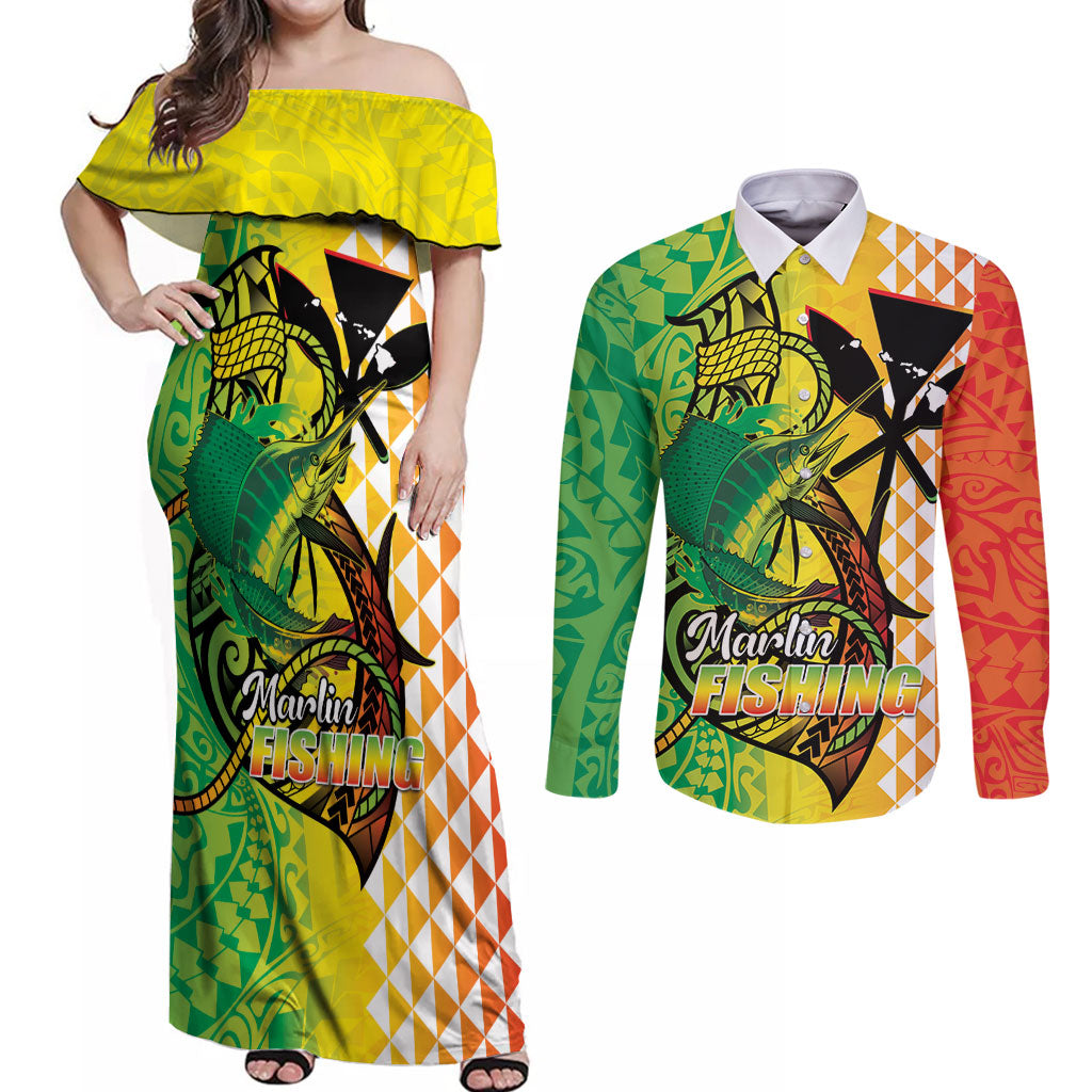 Hawaii Blue Marlin Fishing Couples Matching Off Shoulder Maxi Dress and Long Sleeve Button Shirt Hawaiian Kanaka Kakau Reggae LT14 Reggae - Polynesian Pride