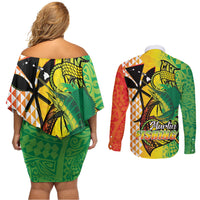 Hawaii Blue Marlin Fishing Couples Matching Off Shoulder Short Dress and Long Sleeve Button Shirt Hawaiian Kanaka Kakau Reggae LT14 - Polynesian Pride