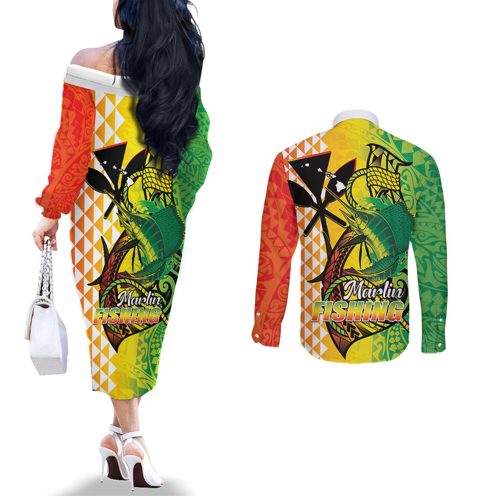 Hawaii Blue Marlin Fishing Couples Matching Off The Shoulder Long Sleeve Dress and Long Sleeve Button Shirt Hawaiian Kanaka Kakau Reggae LT14 - Polynesian Pride