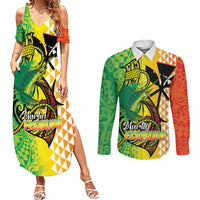 Hawaii Blue Marlin Fishing Couples Matching Summer Maxi Dress and Long Sleeve Button Shirt Hawaiian Kanaka Kakau Reggae LT14 Reggae - Polynesian Pride