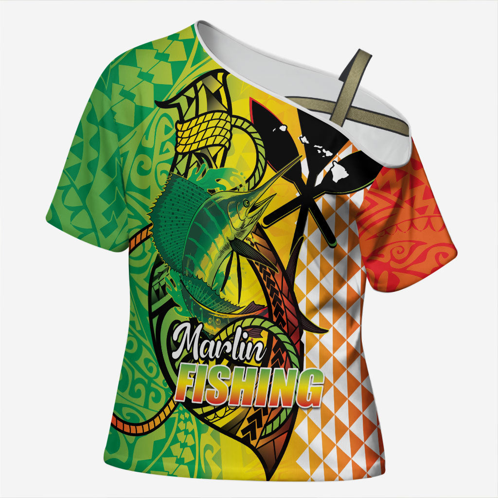 Hawaii Blue Marlin Fishing Cross Shoulder Shirt Hawaiian Kanaka Kakau Reggae